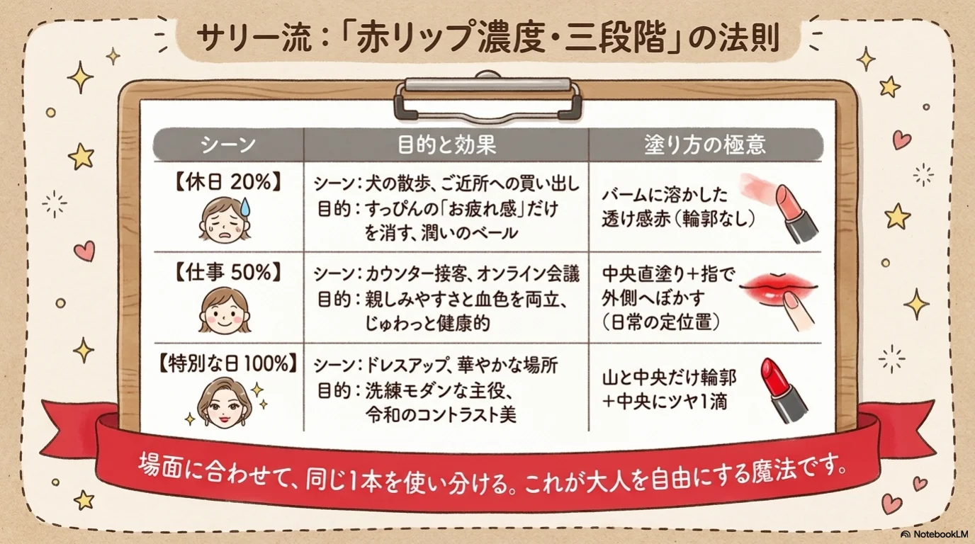 赤リップ濃度三段階の解説イラスト（5）