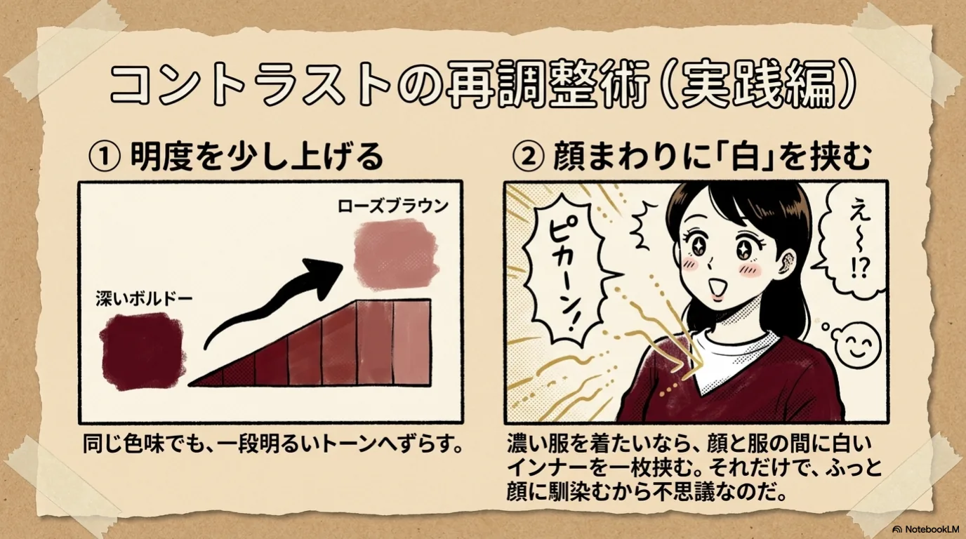 第二の真実「変わるトーン」を天秤で表したイラスト