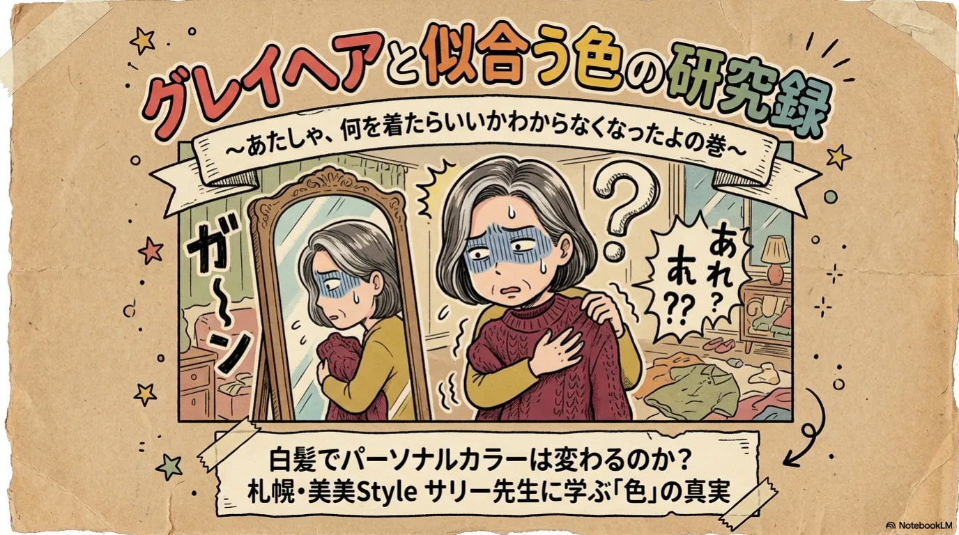 グレイヘア色三真実のイメージ — 黒髪時代とグレイヘアで似合う色を比べる対比図
