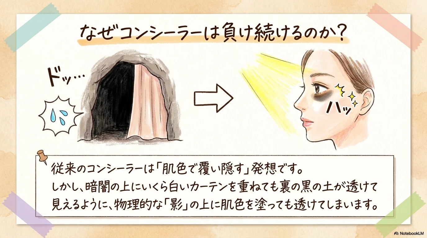 従来のコンシーラーでは影が消えない仕組みを解説したイラスト