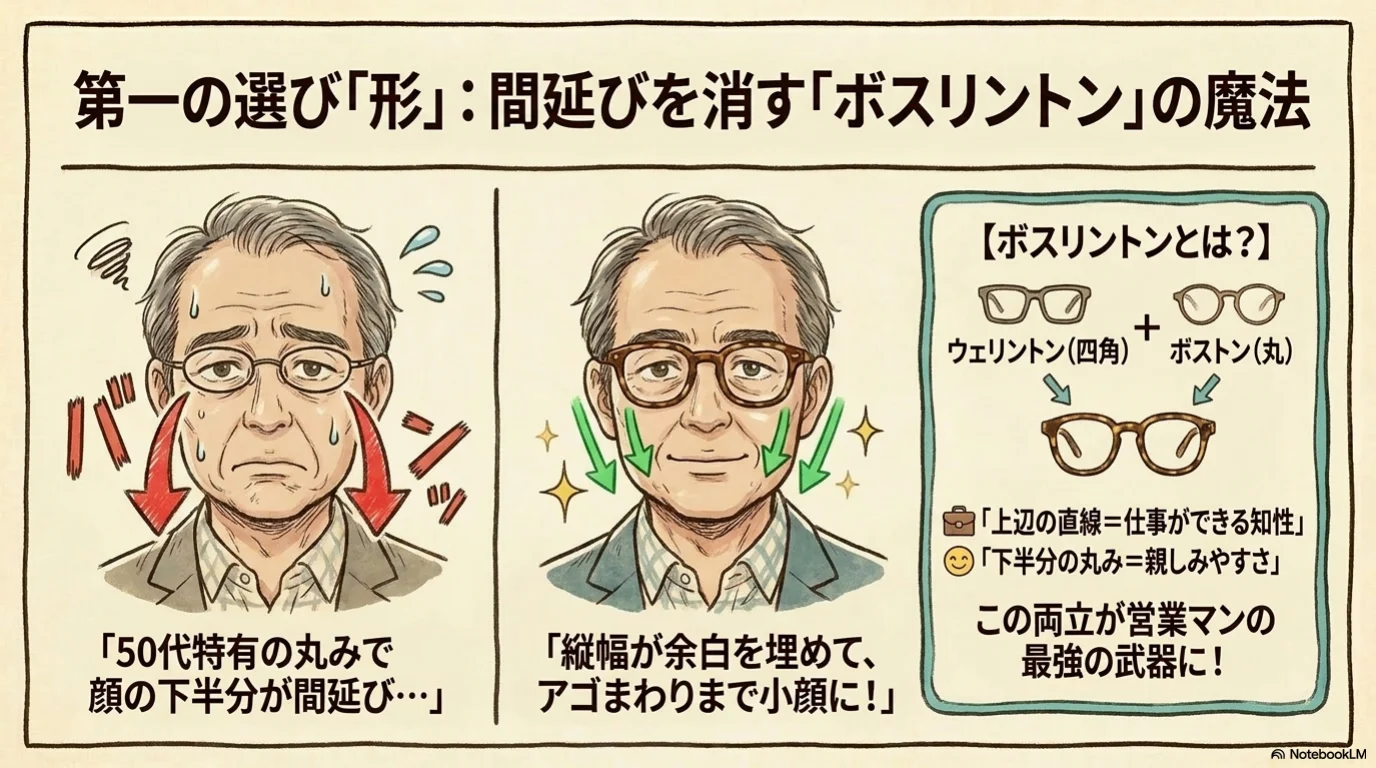 メンズメガネ三選びの解説イラスト（5）