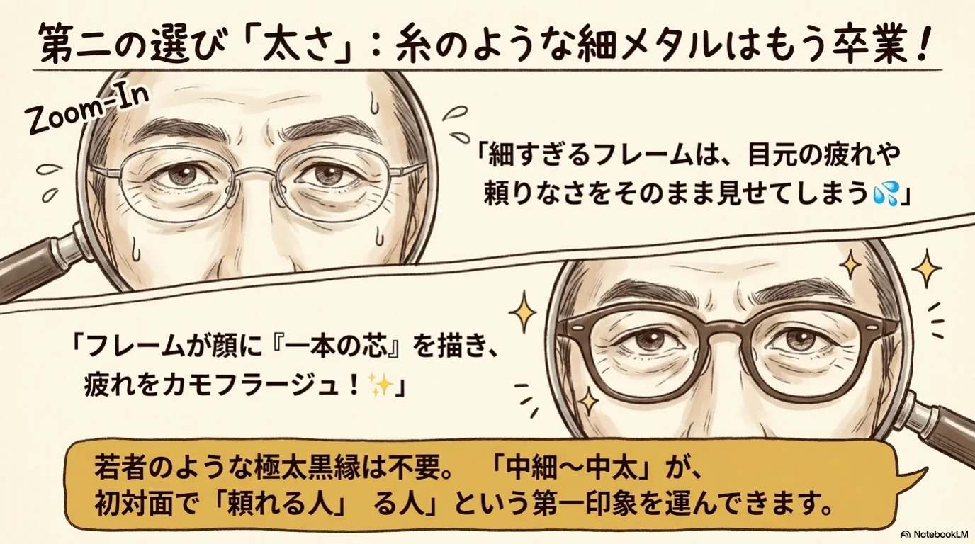 メンズメガネ三選びの解説イラスト（6）