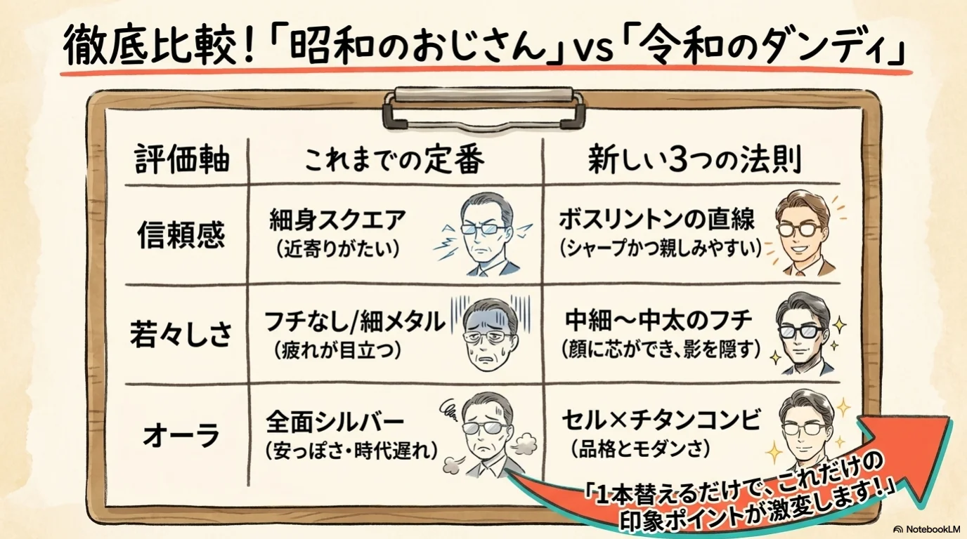 メンズメガネ三選びの解説イラスト（8）