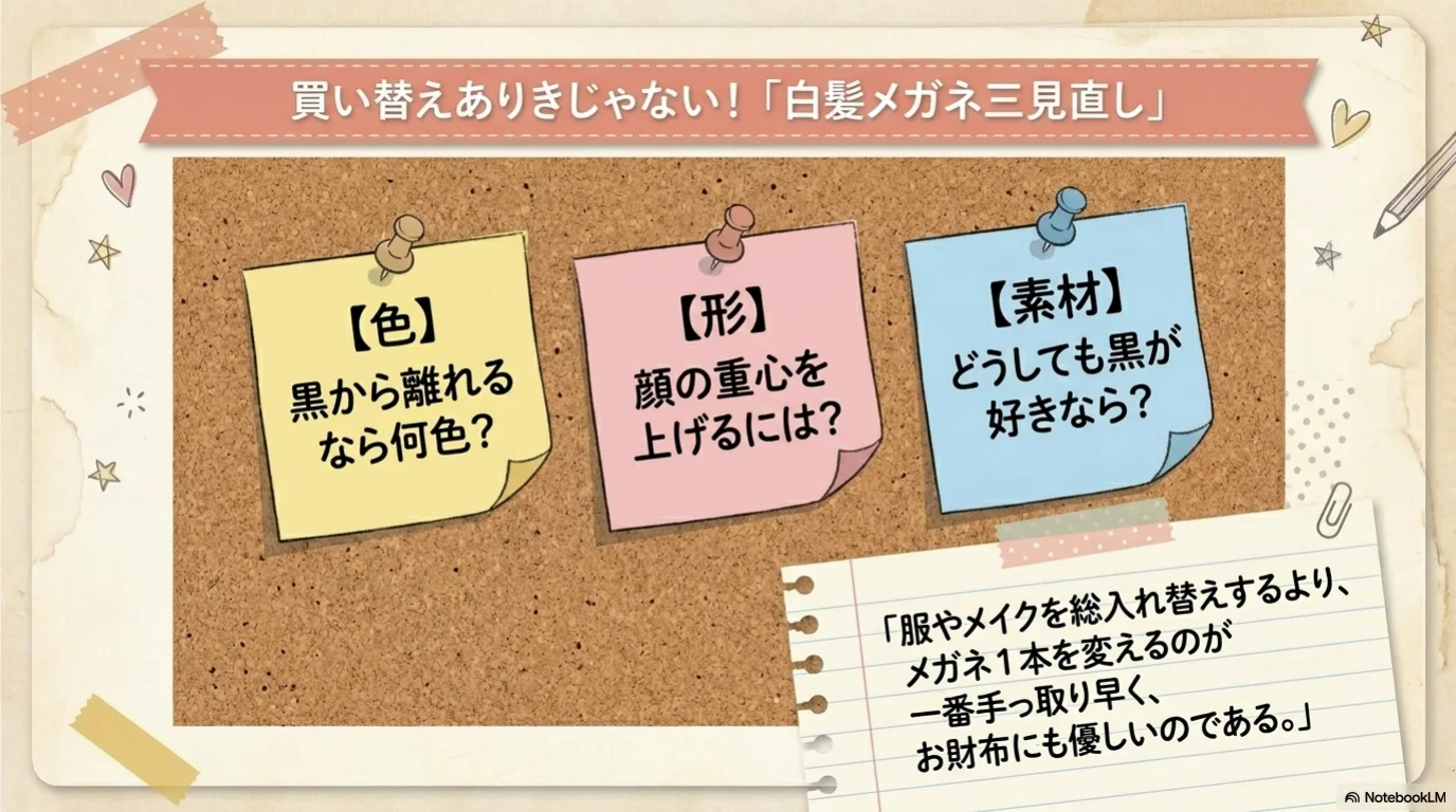 白髪メガネ三見直しの解説イラスト（5）
