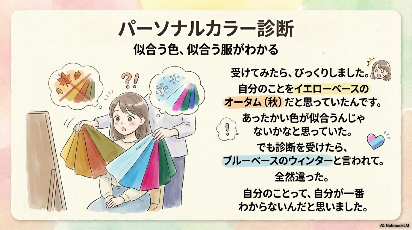 パーソナルカラー診断と骨格診断の知識を学ぶサリーさん