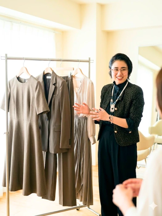 服とアクセサリーで骨格タイプを診断する様子